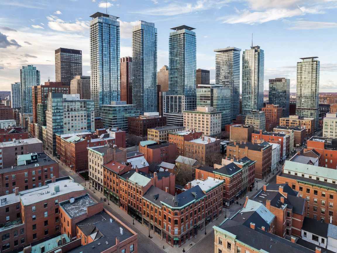 Aerial view of a Canadian city skyline showing the integration of modern architecture and historic streets