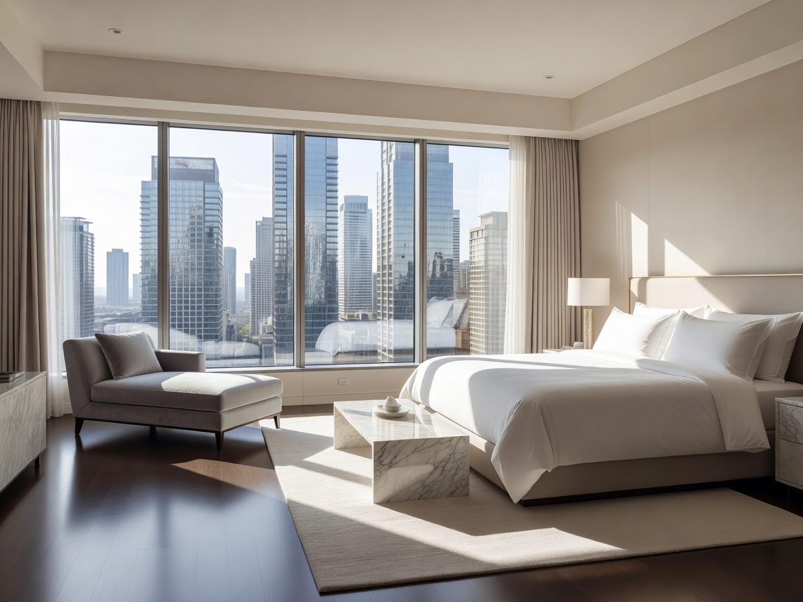 Bright luxury hotel room with large windows overlooking a city skyline