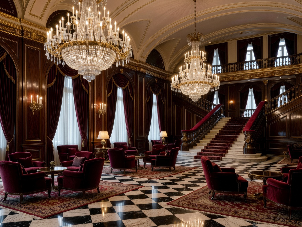 Classic luxury hotel lobby featuring opulent chandeliers and marble flooring