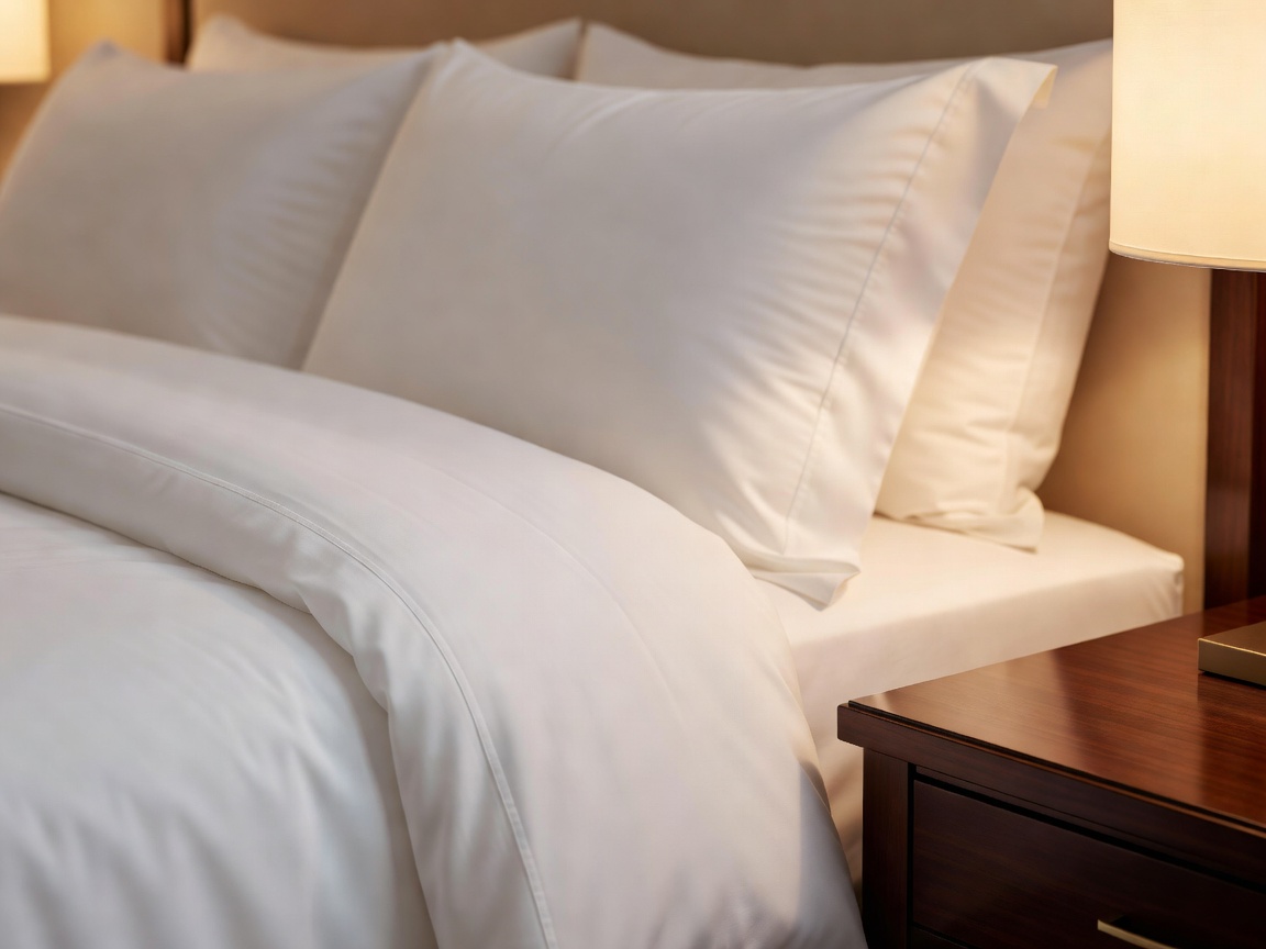 Close up of premium hotel bedding and soft lighting on a bedside table