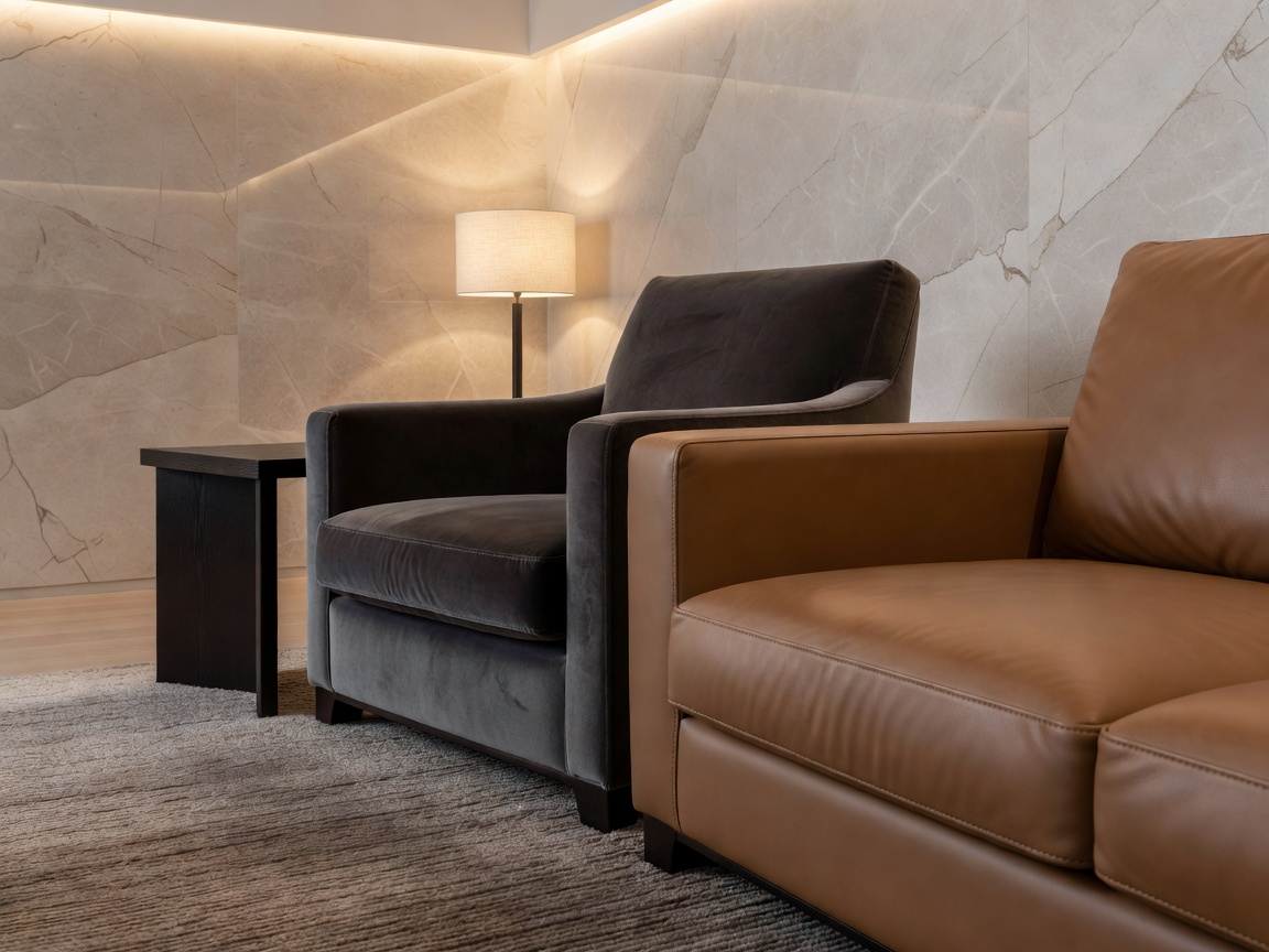 Detail shot of high-end hotel interior design featuring premium materials and soft lighting