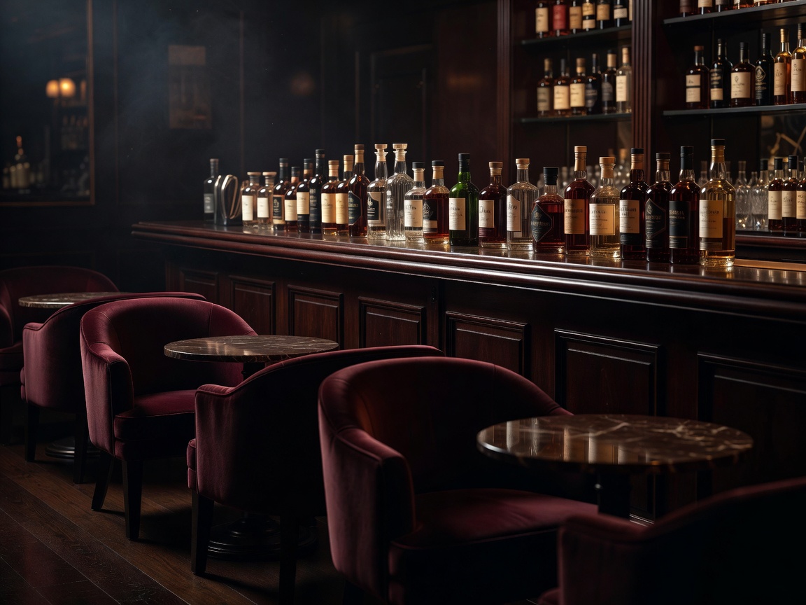 Elegant hotel lounge bar with premium spirits and moody atmosphere