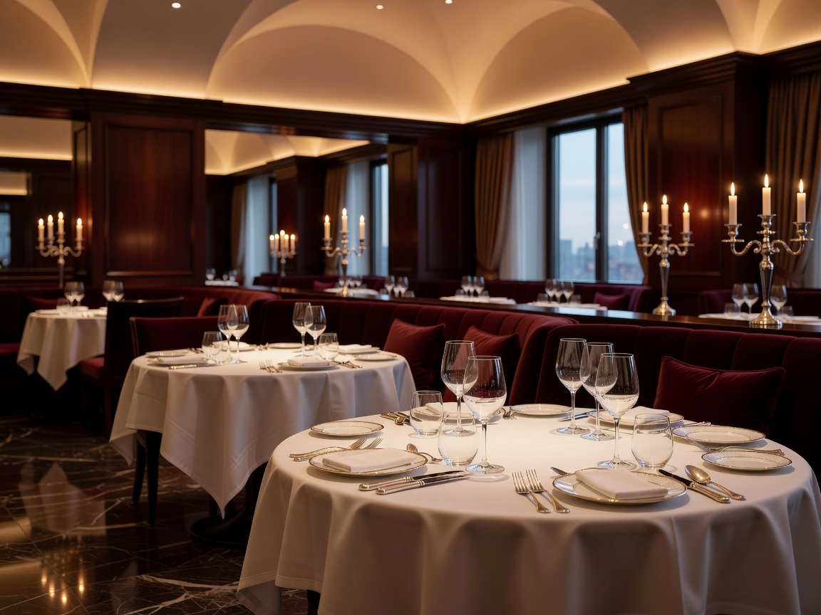 Elegant restaurant interior with fine dining setup and ambient lighting
