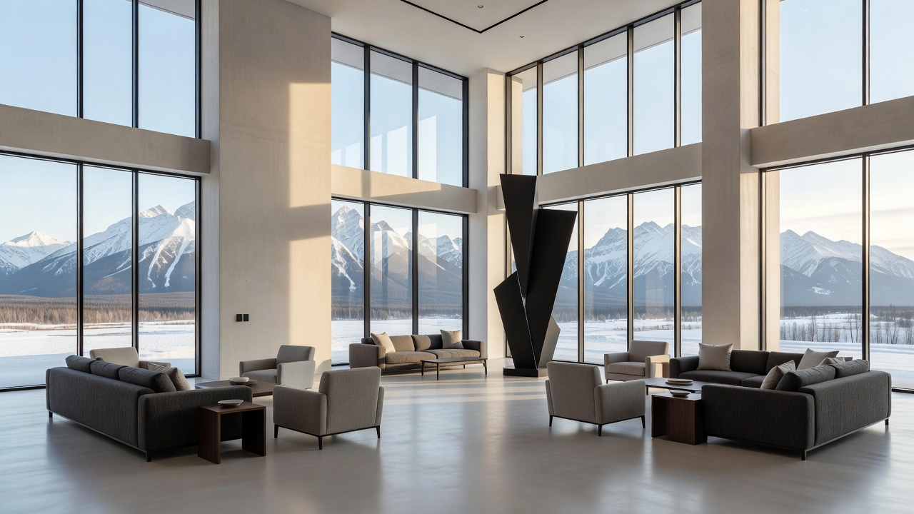Expansive view of a luxury hotel interior with modern minimalist architecture and natural lighting in Canada