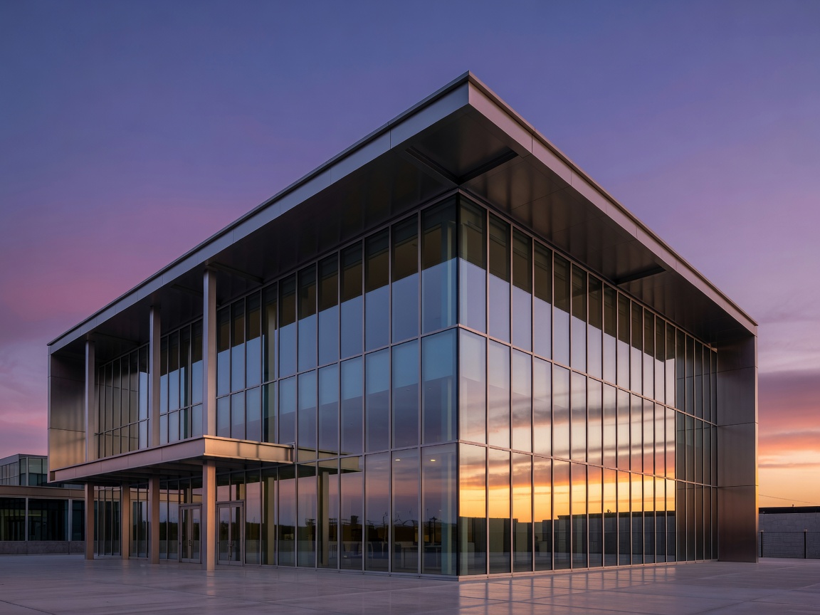 Modern hotel facade showing glass and steel architecture against a twilight sky