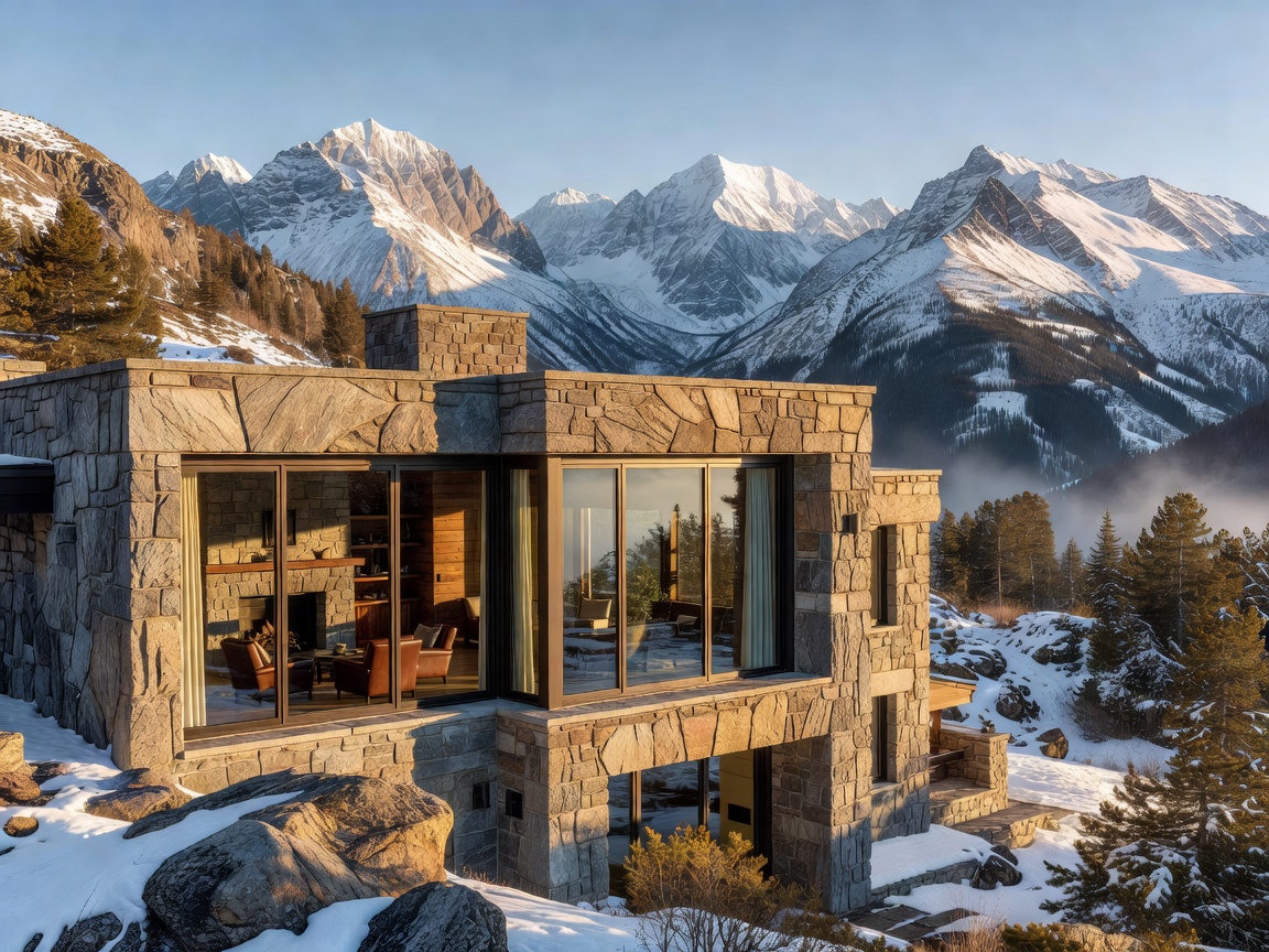 Mountain resort featuring stone architecture and expansive windows looking out at peaks