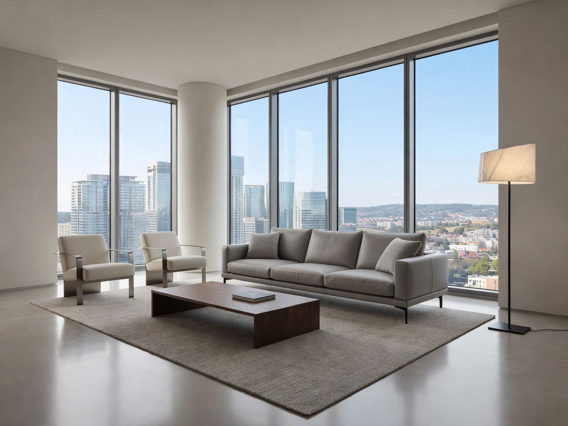 Spacious luxury suite with contemporary furniture and large panoramic windows
