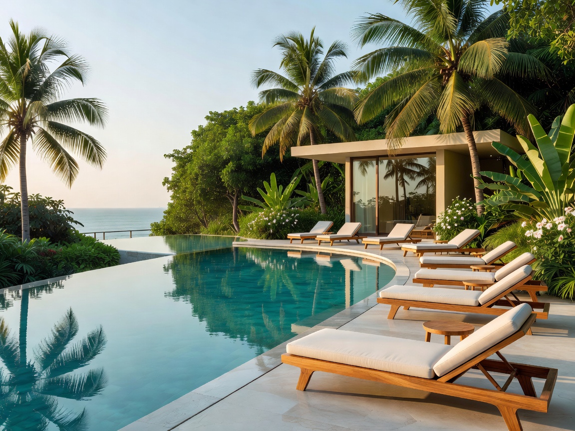 Tranquil resort pool and wellness area with modern loungers